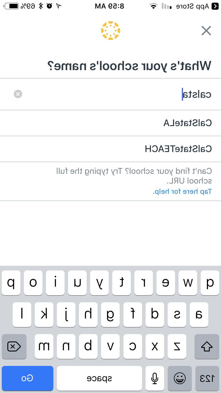 Canvas 应用程序 for Teachers typing out Calstatela in find my school interface