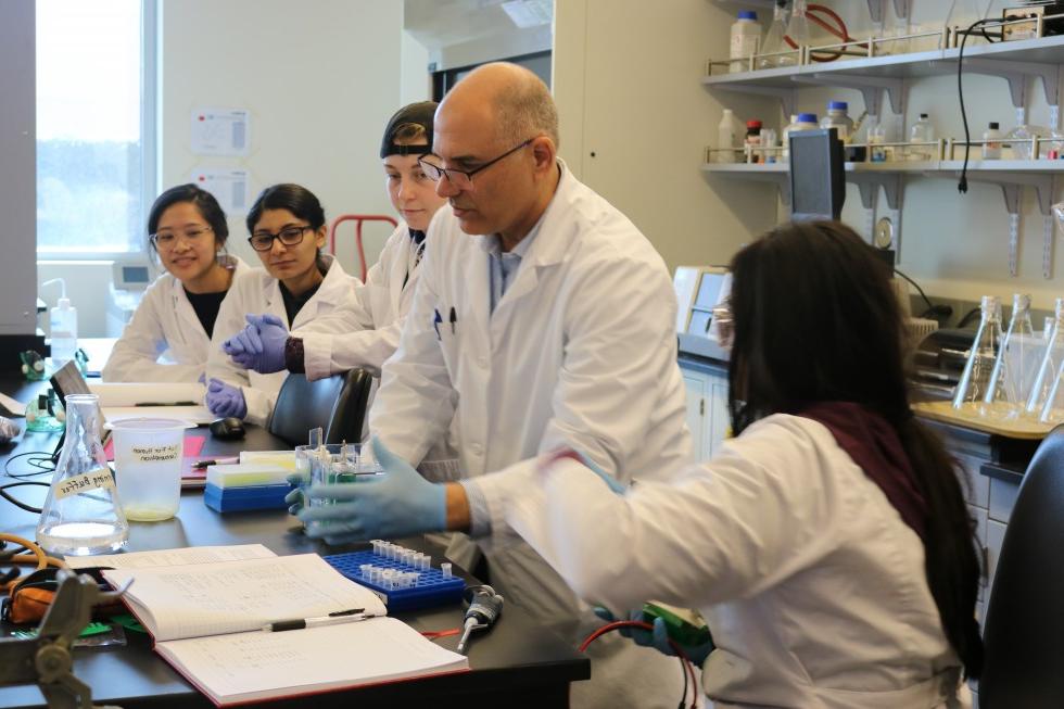 Professor and students in lab 