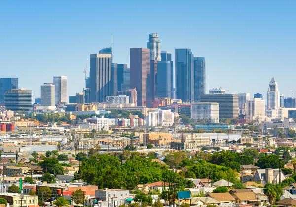 dtla with tall building and homes