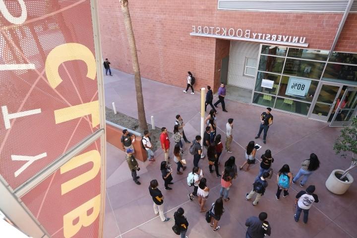 Students walking through hallway near Cal State LA Bookstore