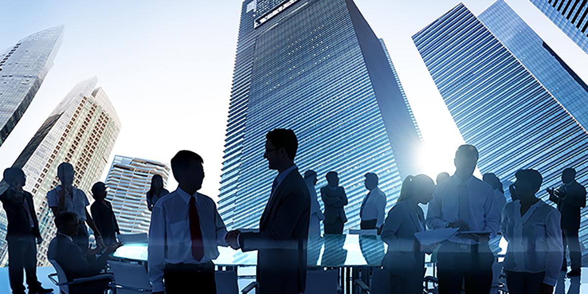 Image of Business Mixer with Background Skyscrapers